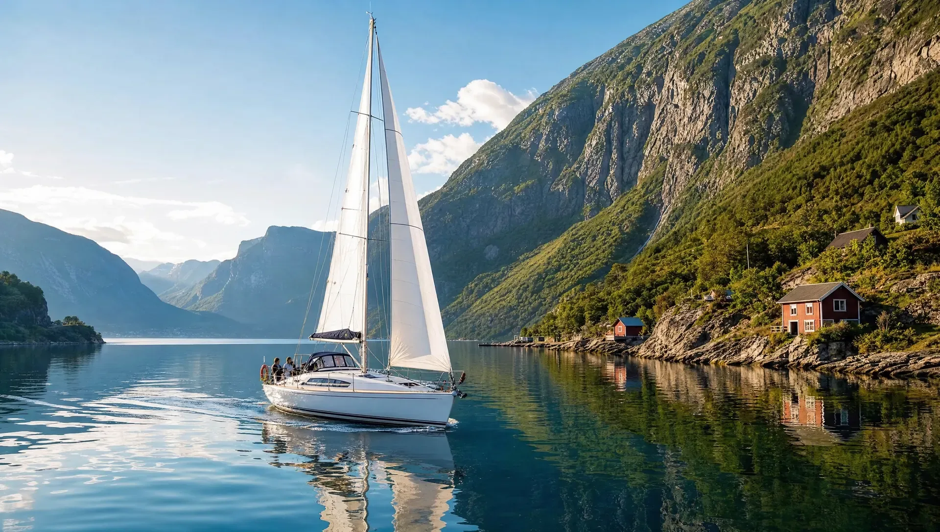 Hvit seilbåt med fulle seil på en speilblank norsk fjord en sommerdag